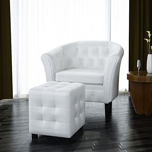 Brokky Sessel mit Fußhocker Weiß Kunstlederer Relaxsessel mit Hocker Lehnstühle Vintage Retro Sessel Polstersessel Ohrensessel fürs Wohnzimmer