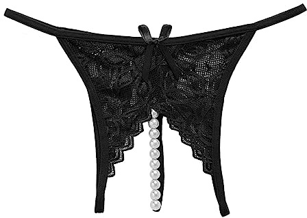 Generisch Damenhöschen in Reiner Farbe, Spitze, ouvert, mit transparenten Perlen Massagefunktion Damen Unterwäsche Große Größen Sexy (Black, XL)