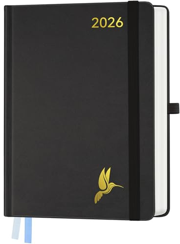 FEKSINO Kalender 2026 Tagesplaner 1 Tag 1 Seite - Tageskalender 2026 Hardcover A4-28,6 x 21 cm,Terminplaner & Buchekalender 2026, 100 GSM Papier für Arbeit Studium Alltag - Schwarz