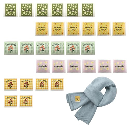 Handmade Label 30 Stück handgefertigte Kleidungsetiketten – Quadrat Blumen | Quadrat Blumen Stoff Aufnäher zum Annähen – Kleideretiketten Aufnäher – Nähen Zubehör – Strickzubehör – Stoff Tags