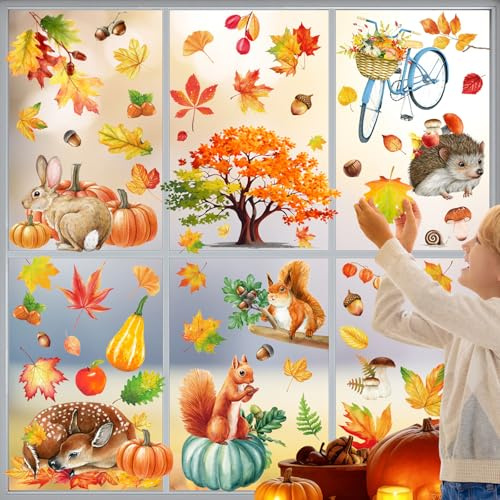 84 Stück Fensterbilder Herbst Selbstklebend – Herbstdeko Fenster mit Ahornblättern, Kürbis & Eichhörnchen, Herbstdeko Innen für Kinderzimmer, Wohnzimmer, Café, Fall & Thanksgiving Herbst Decoration