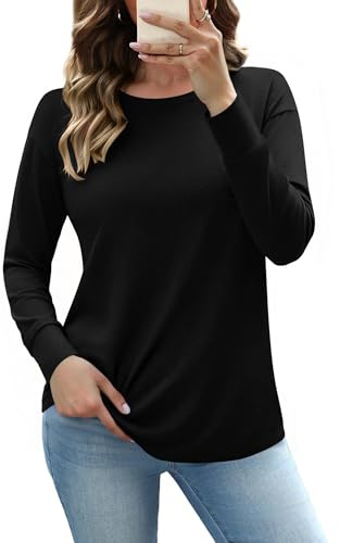 Totatuit Blouse Femme Manches Longues Col Rond Haut Chic Décontracté Coton Stretch Élégant Tendance Automne Hiver Noir，XL