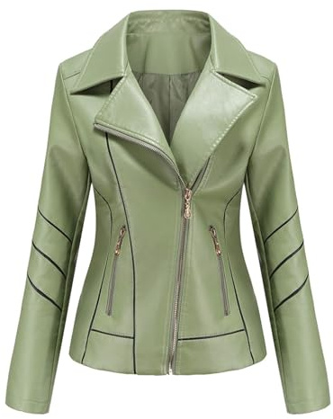 Abrigo de mujer Lila Chaqueta delgada de cuero liso con cuello alto y cremallera Chaqueta azul claro para mujer, verde, 4XL