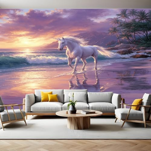Sunset Wall Mural Dolphin Unicorn Photo Poster Mural Wallpaper Non-Woven Premium Art Print Living Room Bedroom Nursery TV Background Home Decor 300 x 210cm