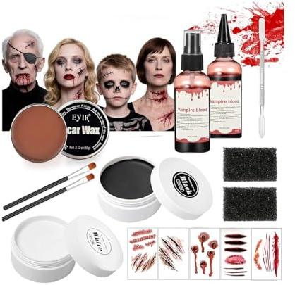 JOYTIX®Kit Maquillaje SFX Cera Cicatrices Sangre Falso Gel Paleta Pintura Cara Negro Blanco | Maquillaje Halloween Terror para Heridas Escalofriantes Looks Zombie Esqueleto(Set B)