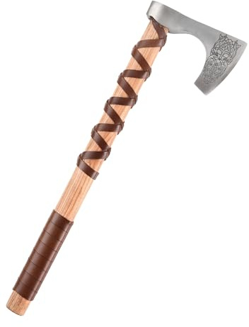 Battle-Merchant - Wikinger-Axt aus Stahl, mit Gravur und Lederwicklung - Axt-Kopf nach Petersen Typisierung - Mittelalter Beil - Dekoration (Typ C)
