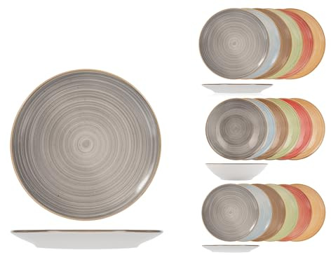 H&H Set Piatti Opera 18 Pezzi in Stoneware - Servizio Tavola Completo, Colori Assortiti, Design Elegante a Spirale