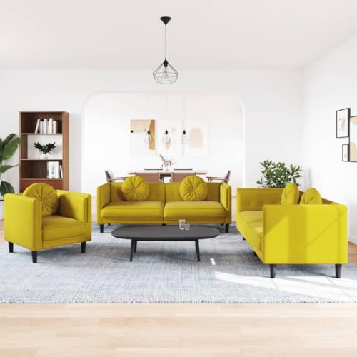 YuuSsea 3-TLG. Sofagarnitur mit Kissen, Gelb Samt, Polstermöbel Set für Wohnzimmer, Schlafzimmer, bequemes Loungesofa Möbel Set, modernes Design