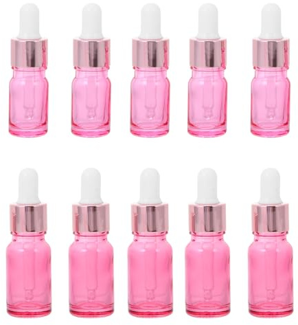 Flacon Compte-gouttes en Verre Rose Rechargeable, Lot de 10 Set de Pièces | Bouchon en Caoutchouc et Aluminium, Usage Massage et Parfum, pour Produits Chimiques et Soins Oculaires