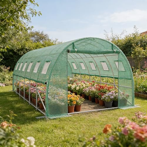 XMTECH Gewächshaus 3x6 m (18 m²) – Garten Foliengewächshaus mit 12 Fenstern, UV-beständig, verzinkter Stahlrahmen, Moskitonetz, ideal für Gemüse, Tomaten, Blumen, Tomatenhaus, grün