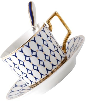 Toyvian Juego Taza de Café y Platillo de Porcelana Europea Borde Dorado, Incluye Cuchara, Diseño Azul, Set 1 Pieza, Adecuado para Té, Café y Ocasiones Hogar y Cafetería Estilo Aleatorio