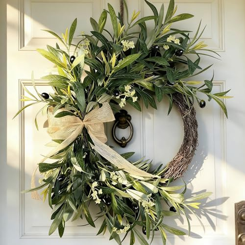 Spring Wreath, Summer Door Wreath, Olive Leaves, UV Resistant Rustic Bow Home Decor, All Seasons Indoor Outdoor Living Room Wall Mantle Fireplace Apartment Farmhouse Garden (A)