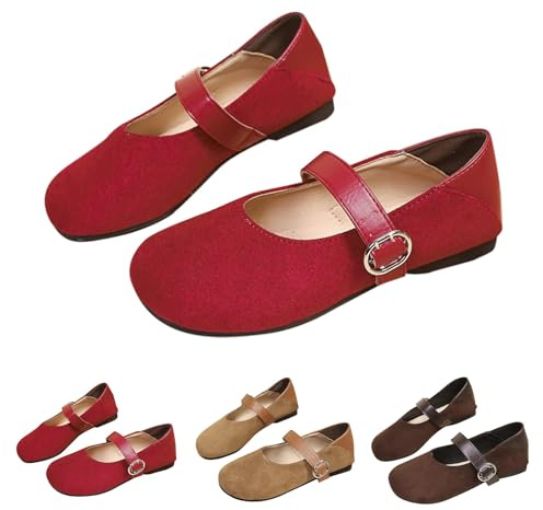 Mary Jane Halvskor för kvinnor – ballerina med remmar dansskor, platta ballerinaskor, velourläder, bollskor, lätta enkla skor, bekväma traditionella skor, vintage tofflor, elegant sandalett, röd, 38