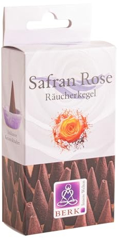 BERK Räucherkegel Safran Rose Blue Line - 14 Kegel Masala Räucherkegel inkl. Keramikhalter – Räucherwerk für Meditation, Yoga & Raumduft