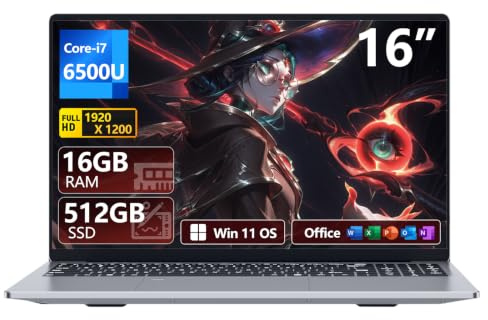 Ordinateur Portable 16 Pouces, PC Portable Win 11 16 Go RAM 512 Go SSD Processeur Core i7 6500U carte graphique UHD, Laptop 1980*1200 IPS FHD Écran pavé numérique/clavier rétroéclairé/Touch ID, WiFi5