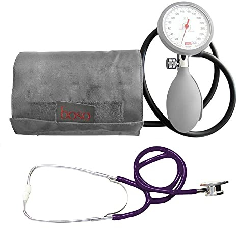 boso K1 shock protected – Manuelles Blutdruckmessgerät (Aneroid) für Oberarm, 1-Schlauch-System, Manschette 22–32 cm, inkl. TIGA-MED Doppelkopf-Stethoskop (violett)
