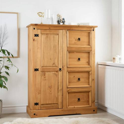 Seconique Corona 1 Door 4 Drawer Low Wardrobe in Distressed Waxed Pine