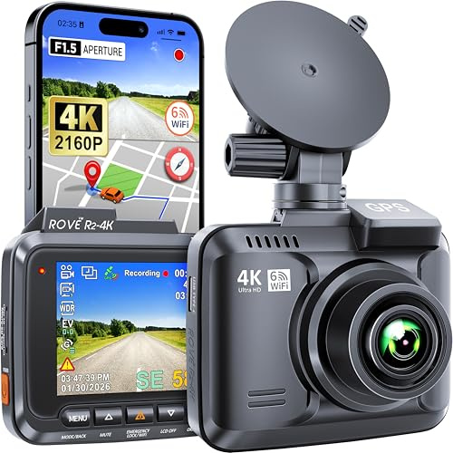 ROVE R2-4K Dash Cam Built-in WiFi 6 GPS Car Dashboard Camera Recorder with UHD 2160P, 2.4 IPS Screen, 150° Wide Angle, WDR, Night Vision