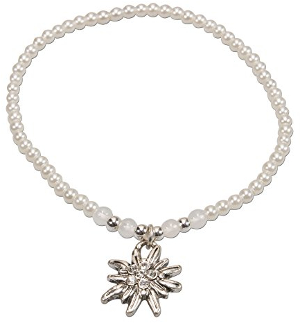 Alpenflüstern Filigran Perlen-Trachten-Armband Strass-Edelweiß - Damen-Trachtenschmuck mit antik-silber-farbenem Edelweiss, elastische Trachten-Armkette, Perlenarmband creme-weiß DAB054