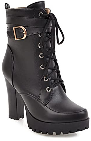 Women's Round Toe Platform Dressy Ankle Boots Lace Up Zipper Chunky Block High Heel Dress Short Bootie Black 10 M US