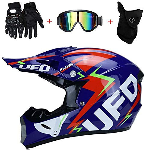 Motocross Helmet Motorradhelm Cross Helme, Motorrad Crosshelm Blau UFO, Off Road Helm Kit Adult Schutzhelm ATV Helm mit Handschuhe Sturmmaske und Brille Geeignet für Kinder und Erwachsene,L