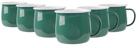 Argon Tableware Enamel Belly Mugs - 375ml - Green - Set of 6 Metal Drinking Cups Coffee Teacup Mug Set Hot, Cold Drinks Cups for Home, Kitchen, Dining, Travel, Camping, Hiking & Outdoor Use