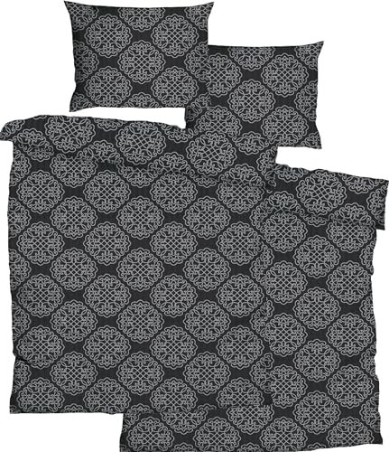 KH-Haushaltshandel 4-TLG. Seersucker Bettwäsche 2X 135x200 +80x80cm, schwarz Silbergrau, Ornamente, bügelfrei (BlueOrna2x)