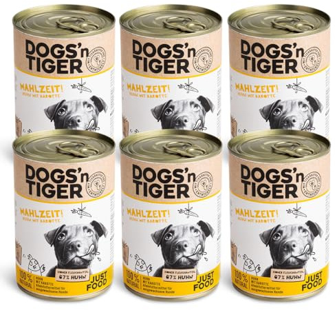 Dogs'n Tiger Adult Lot de 6 boîtes de pâtée pour chien, repas, nourriture humide pour chien, recette adaptée aux animaux avec 67 % de viande de poulet, huile de lin et herbes – Sans sucre ni arômes