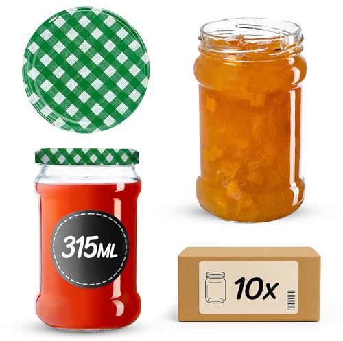 KADAX 10er Set Einmachgläser 315ml TO66 Grün kariert, Marmeladengläser Vorratsgläser Mason Jar mit Schraubdeckel, Luftdicht & Spülmaschinenfest, Honig- & Dessertgläser