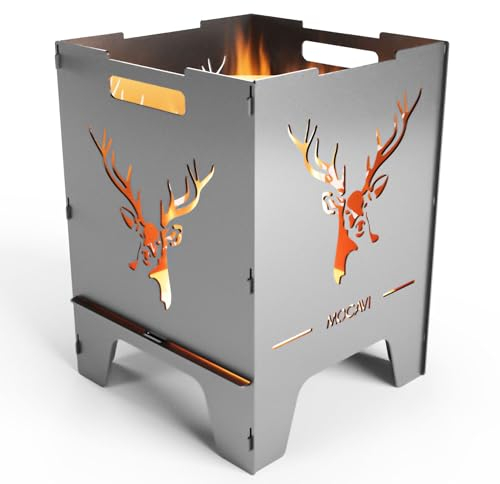 MOCAVI Edelstahl Feuerkorb Hirsch 52 cm | 3 mm V2A Design-Feuertonne für Garten, Terrasse und Balkon Feuerschale Feuersäule massiv sicher quadratisch Feuerstelle Outdoor faltbar hitzefest eckig
