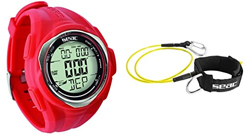 SEAC Partner, Apnoe-Tauchcomputer für Erwachsene, Unisex, Standard, Rot + Lanyard Sicherheitskabel mit Karabiner für Freitaucher, Schwarz, Standard