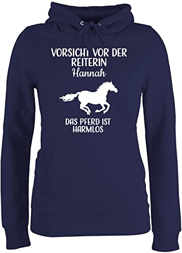 Pullover Damen Hoodie Frauen - Pferde - Vorsicht vor der Reiterin - Name - das Pferd ist harmlos weiß - XS - Navy Blau - pulli pferden hoody personalisieren pferdemotiv mädchen pferdeliebhaber