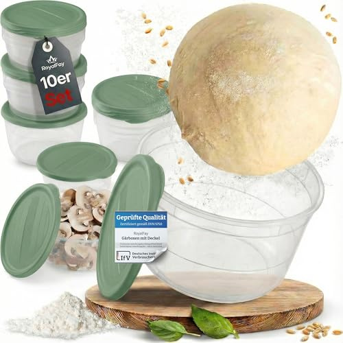 RoyalFay® Pizzaballenbox Piccolo 10er Set – Gärboxen mit Deckel Farbe softgreen – lebensmittelechte Mealprepbox für Pizzateigballen & Zutaten – stapelbar, BPA-frei & Made in EU