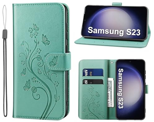 KRAFTCARE Lederhülle für Samsung Galaxy S23 Klapphülle Leder Hülle | Premium PU Leder mit Prägung, Kartenfach, Ständer, Magnetic Closure, RFID Blockierung, Flip Wallet Handyhülle, Grün