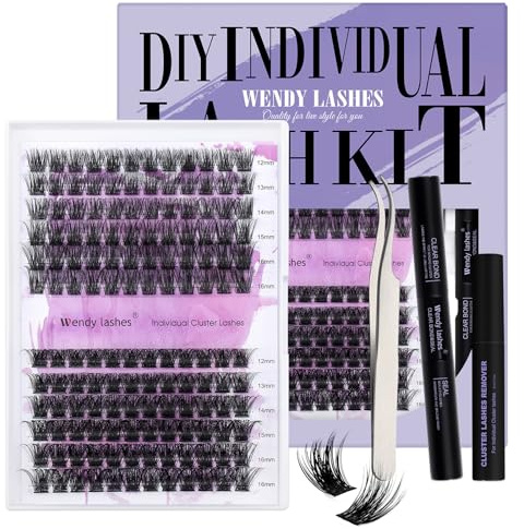 WENDY LASHES Wimpern Extensions Kit FD18/B, Cluster Wimpern D Curl 12–16mm | Lashes Extension Set mit Wimpernkleber und Sealer Lash Remover und Pinzette, für Anfänger Mädchen und Frauen