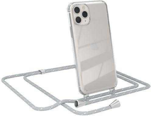 EAZY CASE Handykette kompatibel mit iPhone 11 Pro Handyhülle mit Umhängeband, Handykordel mit Schutzhülle, Silikonhülle, Hülle mit Band, Stylische Kette für Smartphones, Grau/Weiß - Clips Silber