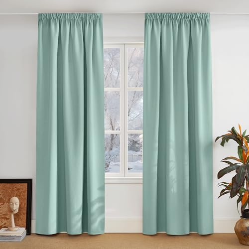 PONY DANCE Schlafzimmer Gardinen und Vorhänge mit Kräuselband Blickdicht Thermovorhang gegen Kälte Verdunklungsvorhänge für Schienensystem, 2er Set H 220 x B 140 cm, Sommergrün