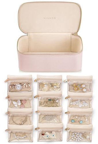 Vlando Regalos para profesores para mujeres, joyero con 12 bolsas de joyería de terciopelo, estuche de joyería de viaje para niñas, organizador de joyas para viajeros, ideas de regalo de cumpleaños