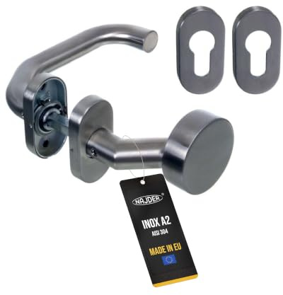 NAJDER Türknauf-Set aus Edelstahl A2-AISI 304, flach, mit Wölbung, Garnitur mit Griff und Knauf, beweglich, ovale Rosette, 2 Platten für Knöpfe und Schlösser