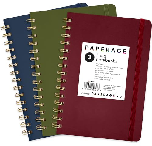 PAPERAGE Lined Spiral Journal Notebook, (Burgundy, Navy, Olive Green), 3 Pack, 160 Pages, Medium 5.5 inches x 8 inches - 100 GSM Thick Paper, Hardcover, Double-Wire Spiral Journal & Notebook