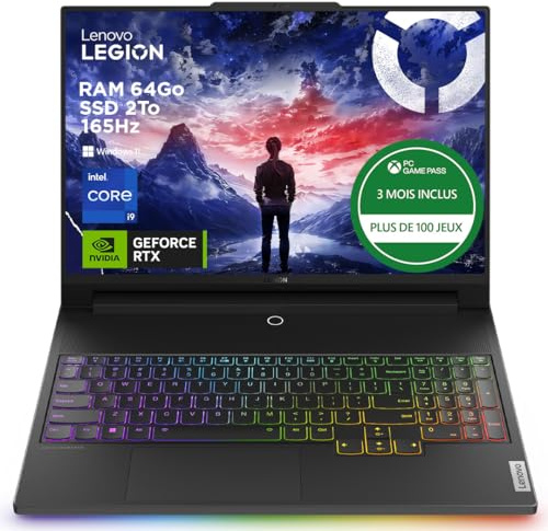 Lenovo Legion 9 16IRX9 - Ordinateur Portable Gaming 16'' 3.2K 165Hz (Intel Core i9-14900HX, RAM 64Go, SSD 2To, NVIDIA RTX 4090 16Go, Windows 11 Home) Clavier rétroéclairé AZERTY Français - Noir