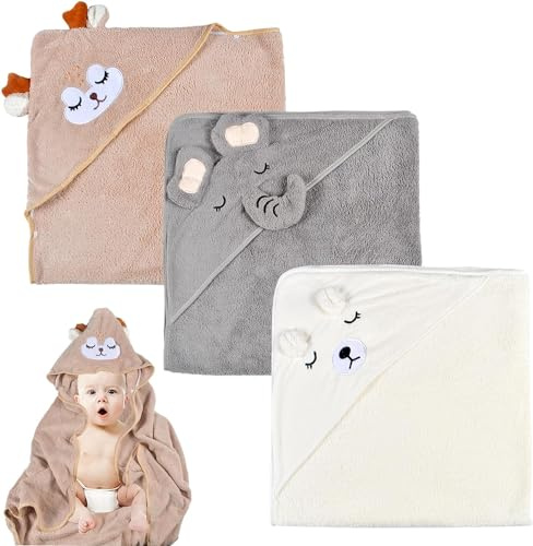 Auirshiky Funmo Kapuzenhandtuch, 3 Stück Badetuch Set für Kinder, Hooded Bath Towel aus Bambus, Super Saugfähig, Kleinkind Badetücher Mit Drei Mustern als Geschenk