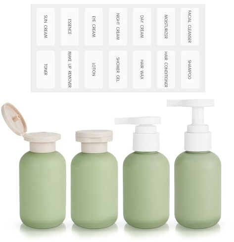 Mulaibdin 4 Pièces Flacon Voyage & Flacon Pompe Vide, Contenant Voyage 100ml, Distributeur Shampoing et Gel Douche, Rechargeable Bouteilles de Voyage pour Crèmes, Lotions,Conditionneur