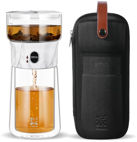 ZENS Klein Solo Teekanne Glas für Losen Tee Zubereitung, One-Touch-Drücker-Teekanne mit 270ml Isolierter Tasse für das Büro Teezubereitung, Teezubereiter mit Tragetasche für Geschenke