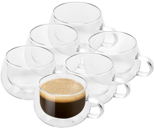 GBACHOOSE 6er Set 130ml Doppelwandige Kaffeegläser mit Henkel, Latte Macchiato Gläser Glas-Kaffeetassen, Espressotassen Isolierte Trinkgläser mit Griff Espressotassen für Macchiato, Milch, latte, Tee