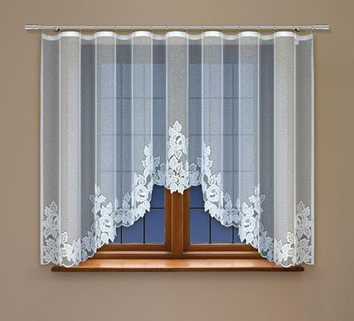 Gardinen Vorhangen Weiß 300x120 cm (BxH) Esposito Stores Gardinen mit Kräuselband Kurz Jacquard Scheibengardine Wohnzimmer Vorhänge Fertiggardine Küchengardinen Bogen Kurzstores Blumen Muster