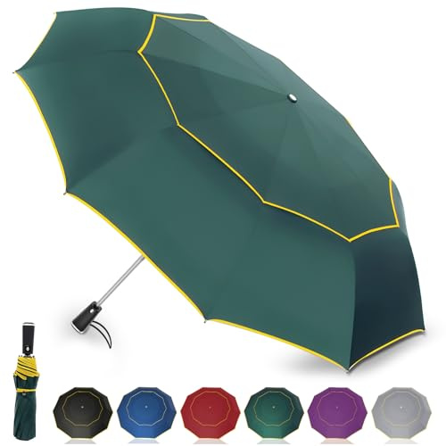Satol Ombrello da Golf | Doppio Tetto & Ventilazione | Antitempesta & Apertura Automatica 54 Pollici | 10 Spine in Metallo per Massima Stabilità Con Strisce Riflettenti (Verde Scuro con Bordo Giallo
