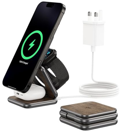 KU XIU X40Q 3-in-1 Induktive Ladestation, Qi2-kabelloses Ladegerät, Faltbares Reiseladegerät 15W für iPhone 17–12/Air, 5W für iWatch Ultra/SE/11–4, 5W für kabellose Kopfhörer 4/3/2/Pro – Holzoptik
