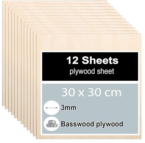 12 pezzi Compensato 3mm, Legno Compensato di Tiglio 30 x 30 cm, Fogli di Compensato, Fogli di Legno Sottili per Modellare, Pannelli Taglio Laser, Pirografia