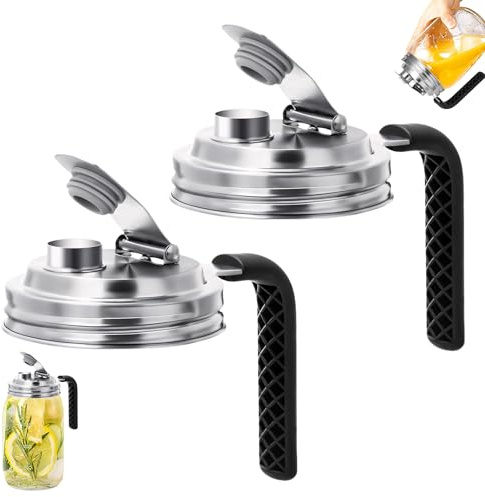 GZWY Mason Jar Deckel, 2 Stück Edelstahl Flip-Top Ausgießer mit Anti-Rutsch-Griff, Kompatibel mit Wide Mouth Ball Mason Jar, BPA-frei, Spülmaschinengeeignet